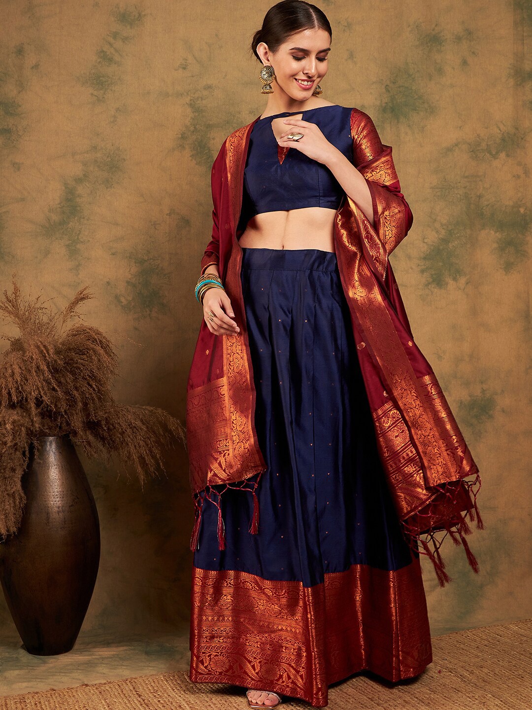 

Sangria Navy Blue Woven-Designed Semi-Stitched Lehenga & Unstitched Blouse With Dupatta