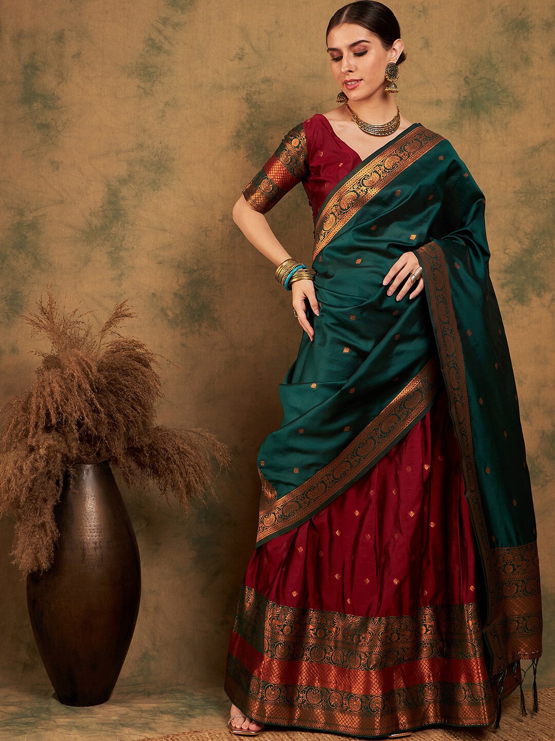 

Sangria Maroon Woven-Designed Semi-Stitched Lehenga & Unstitched Blouse With Dupatta