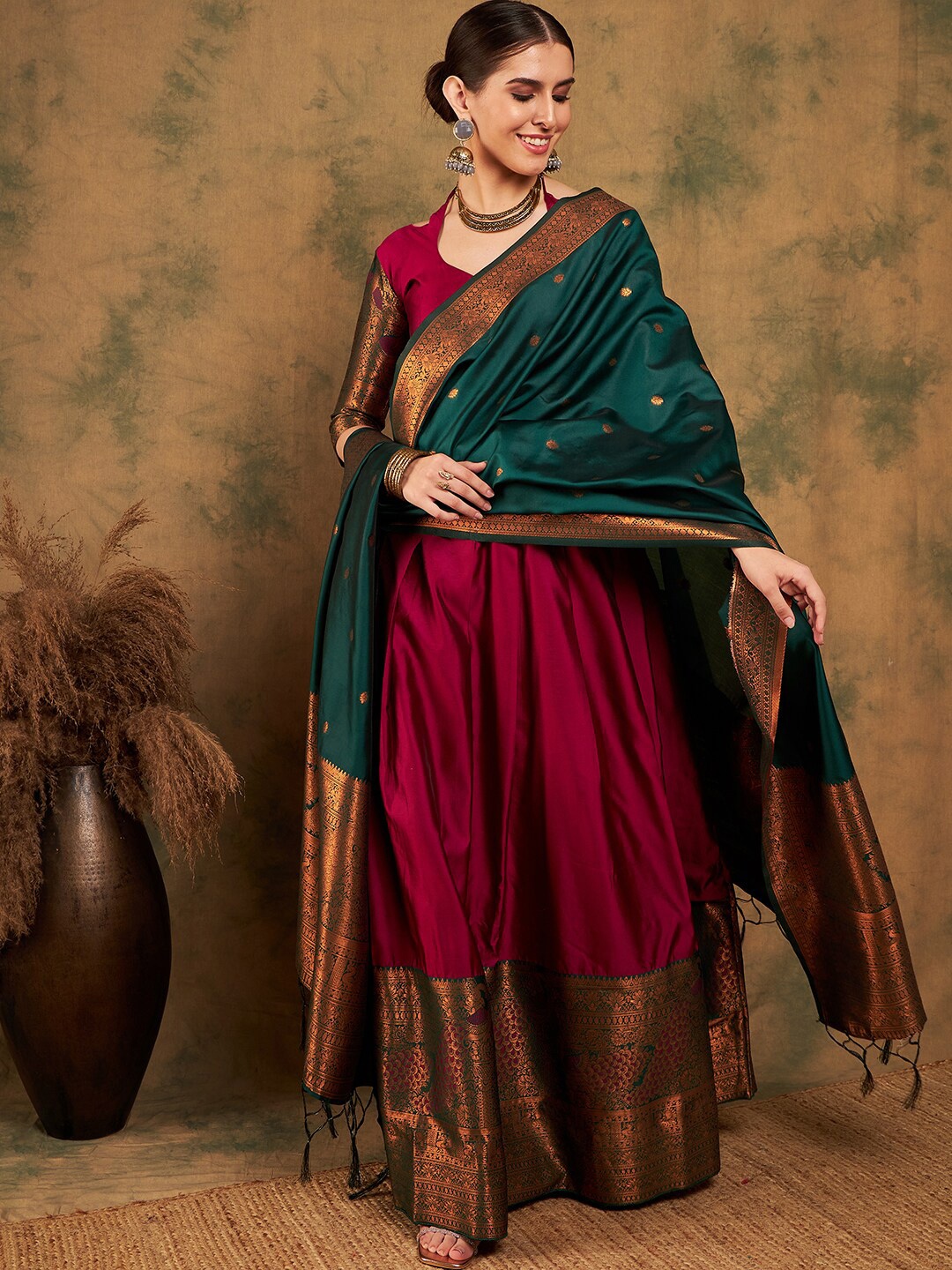 

Sangria Woven-Designed Semi-Stitched Lehenga & Unstitched Blouse With Dupatta, Pink