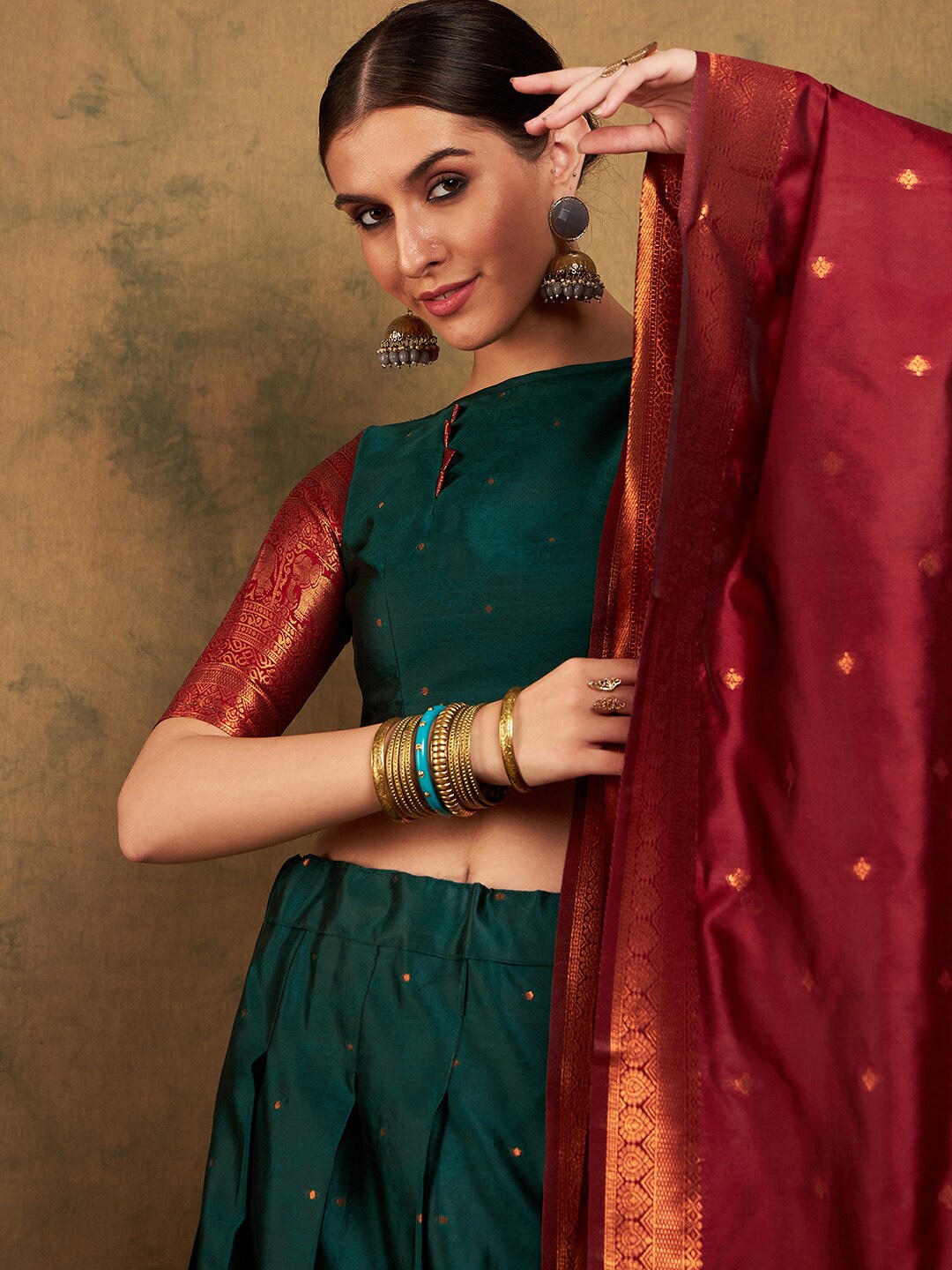

Sangria Woven Designed Lehenga & Unstitched Blouse With Dupatta, Green