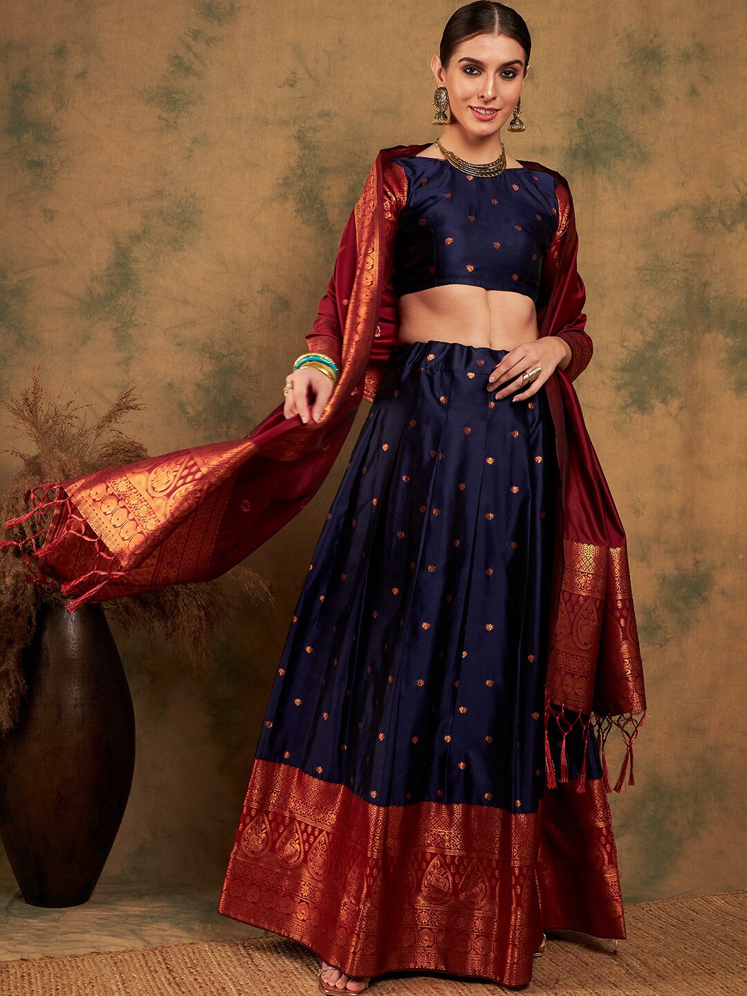 

Sangria Ethnic Motifs Woven Designed Lehenga Choli, Navy blue