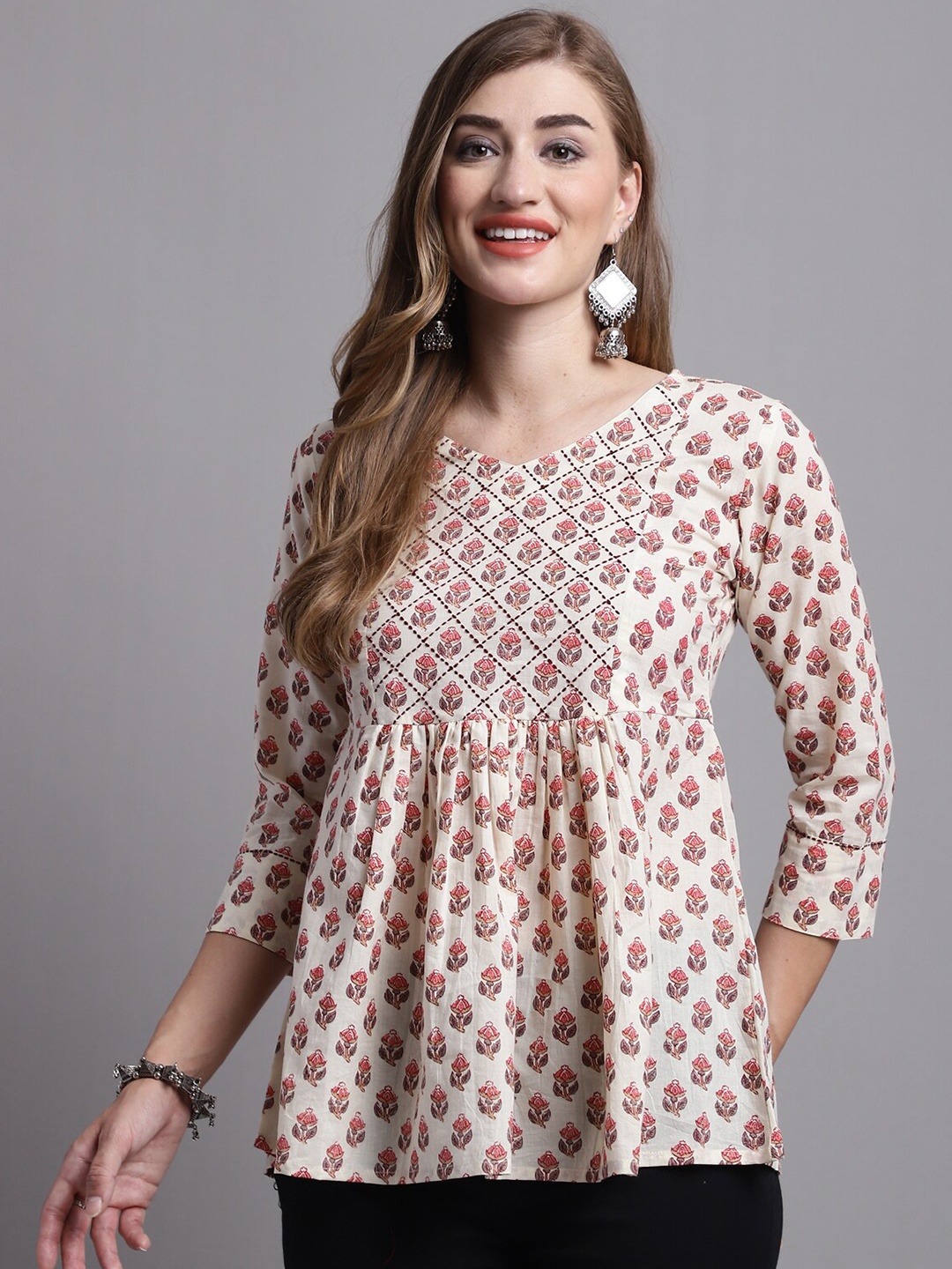 

Roly Poly Floral Printed Cotton Empire Top, Beige