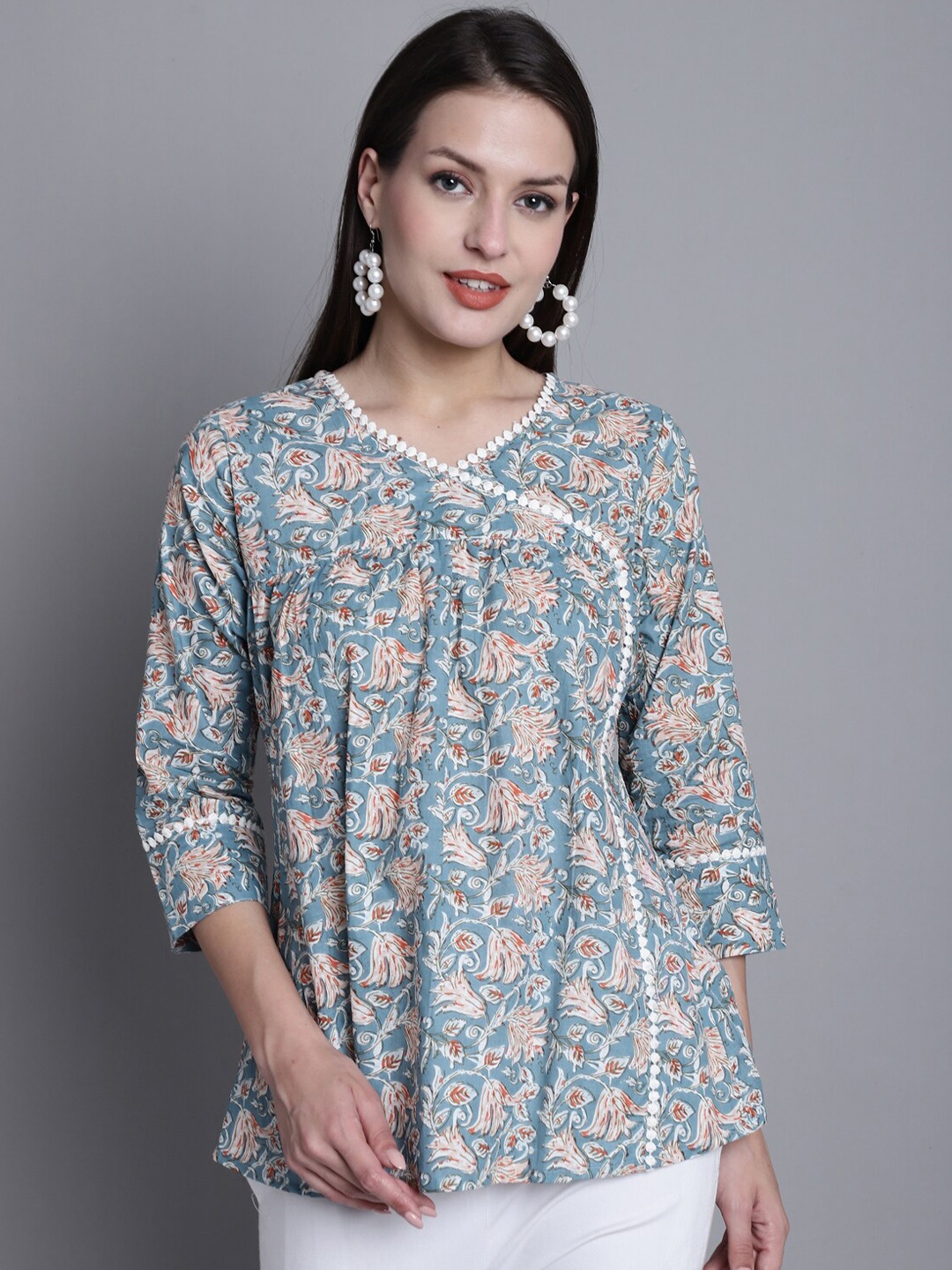 

Roly Poly Floral Printed Cotton A-Line Top, Sea green