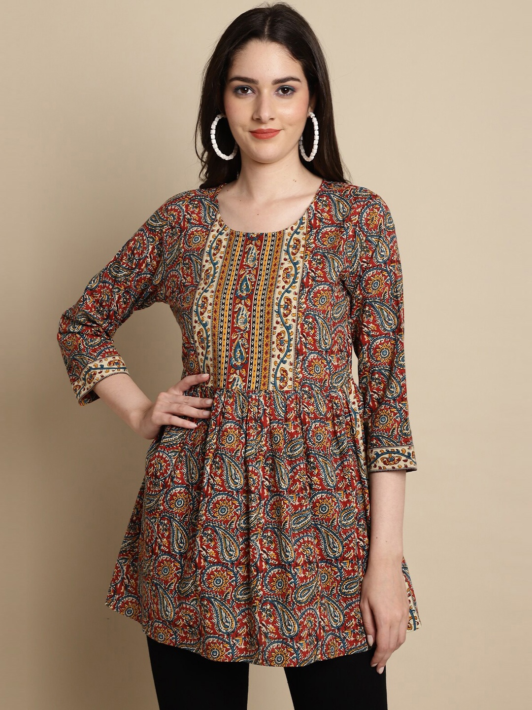 

Roly Poly Ethnic Motifs Printed Cotton A-Line Top, Brown