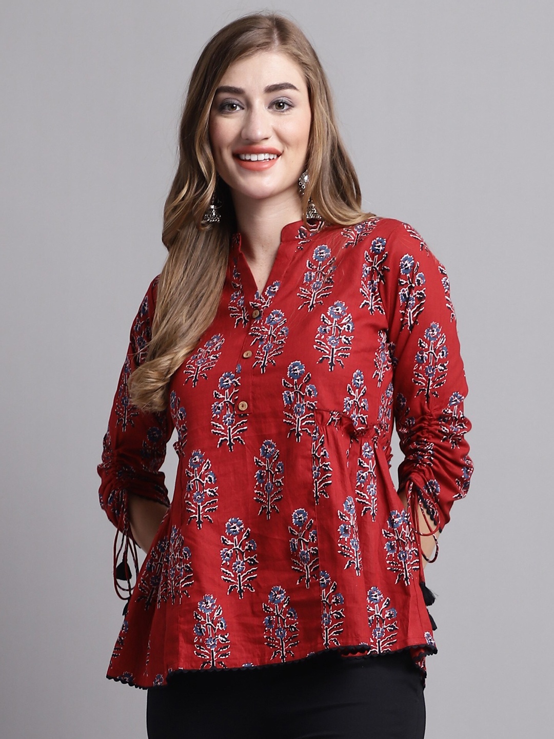 

Roly Poly Ethnic Motifs Printed Cotton A-Line Top, Maroon