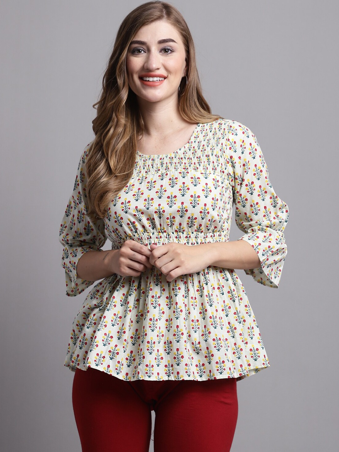 

Roly Poly Floral Printed Bell Sleeve Pure Cotton Peplum Top, Cream