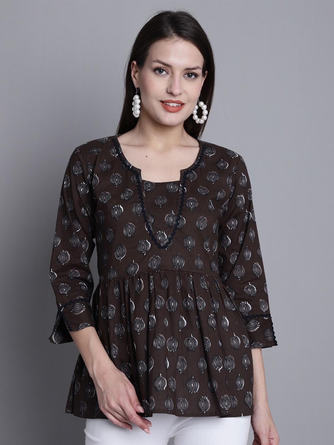

Roly Poly Ethnic Motifs Printed Cotton Peplum Top, Brown