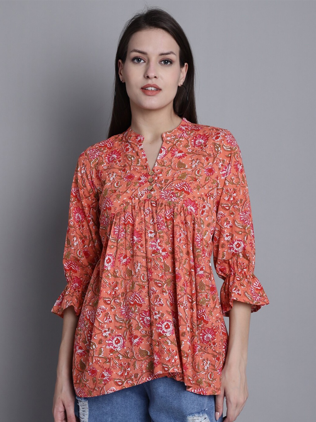 

Roly Poly Floral Printed Mandarin Collar Pure Cotton A-Line Top, Orange