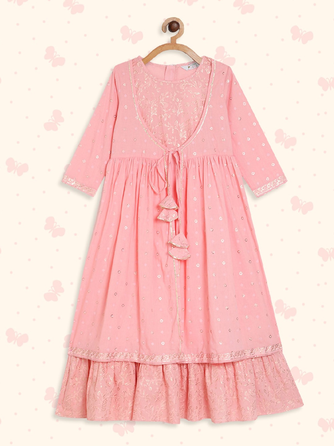 

Ahalyaa Girls Geometric Printed Cotton Fit and Flare Maxi Ethnic Dress, Pink