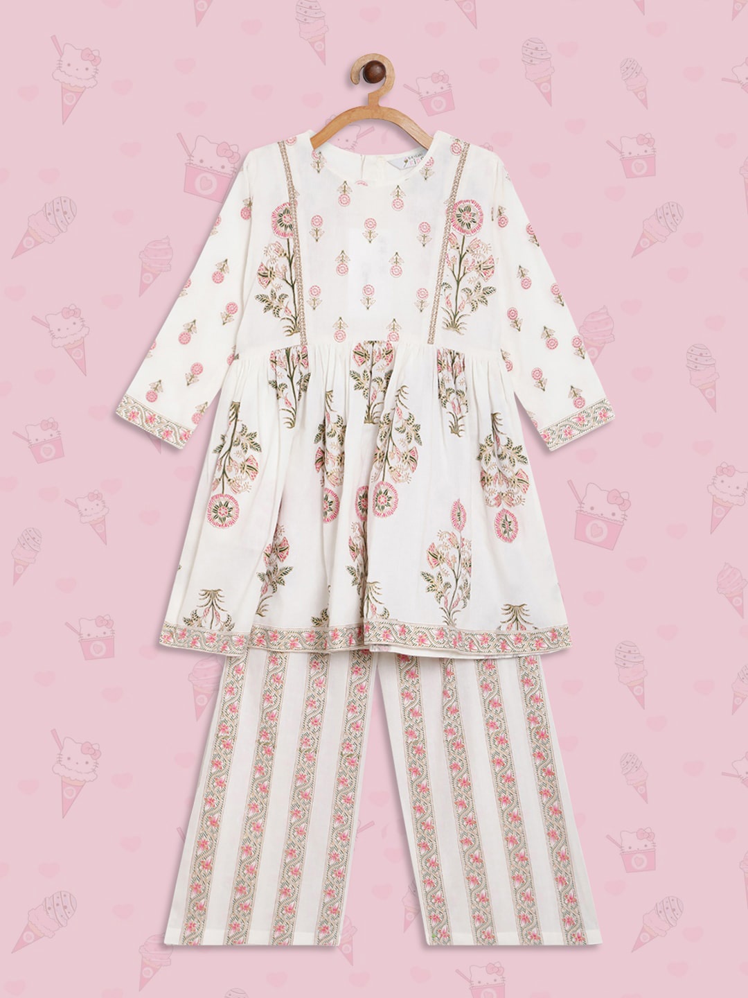 

Ahalyaa Girls Floral Printed Zari Empire Pure Cotton Kurta with Palazzos, Off white