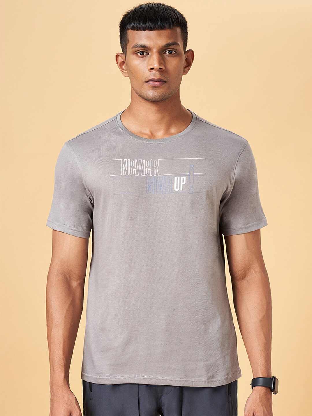 

Ajile by Pantaloons Typography Printed Round Neck Cotton Slim Fit T-shirt, Grey