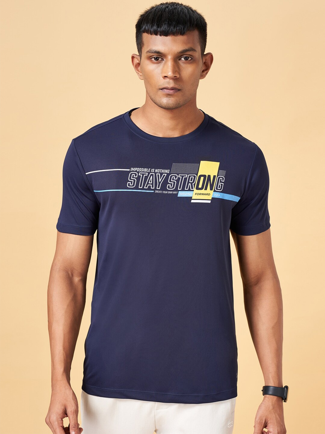 

Ajile by Pantaloons Typography Printed Round Neck Slim Fit T-shirt, Navy blue