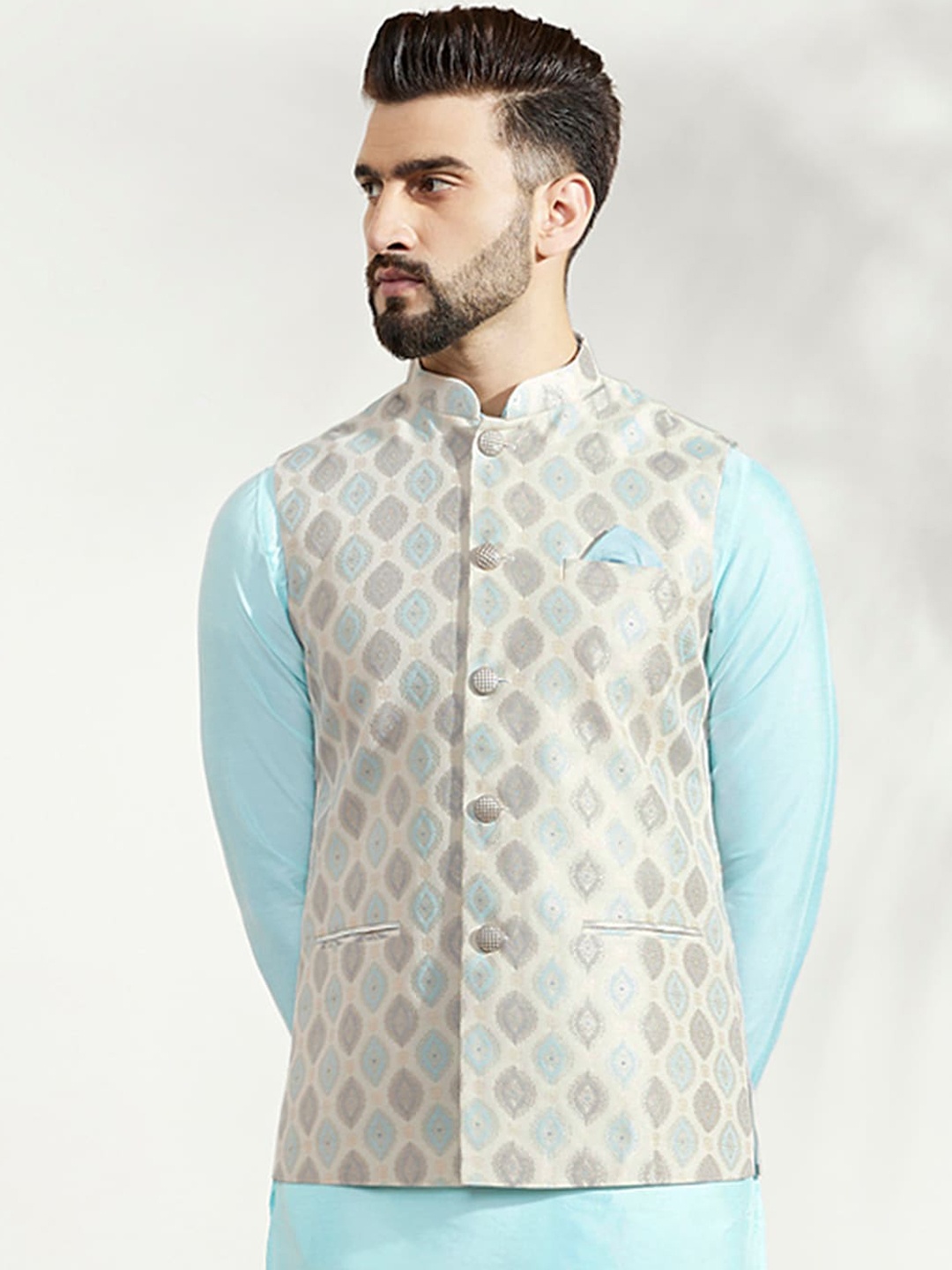 

KISAH Woven Design Nehru Jacket, Off white