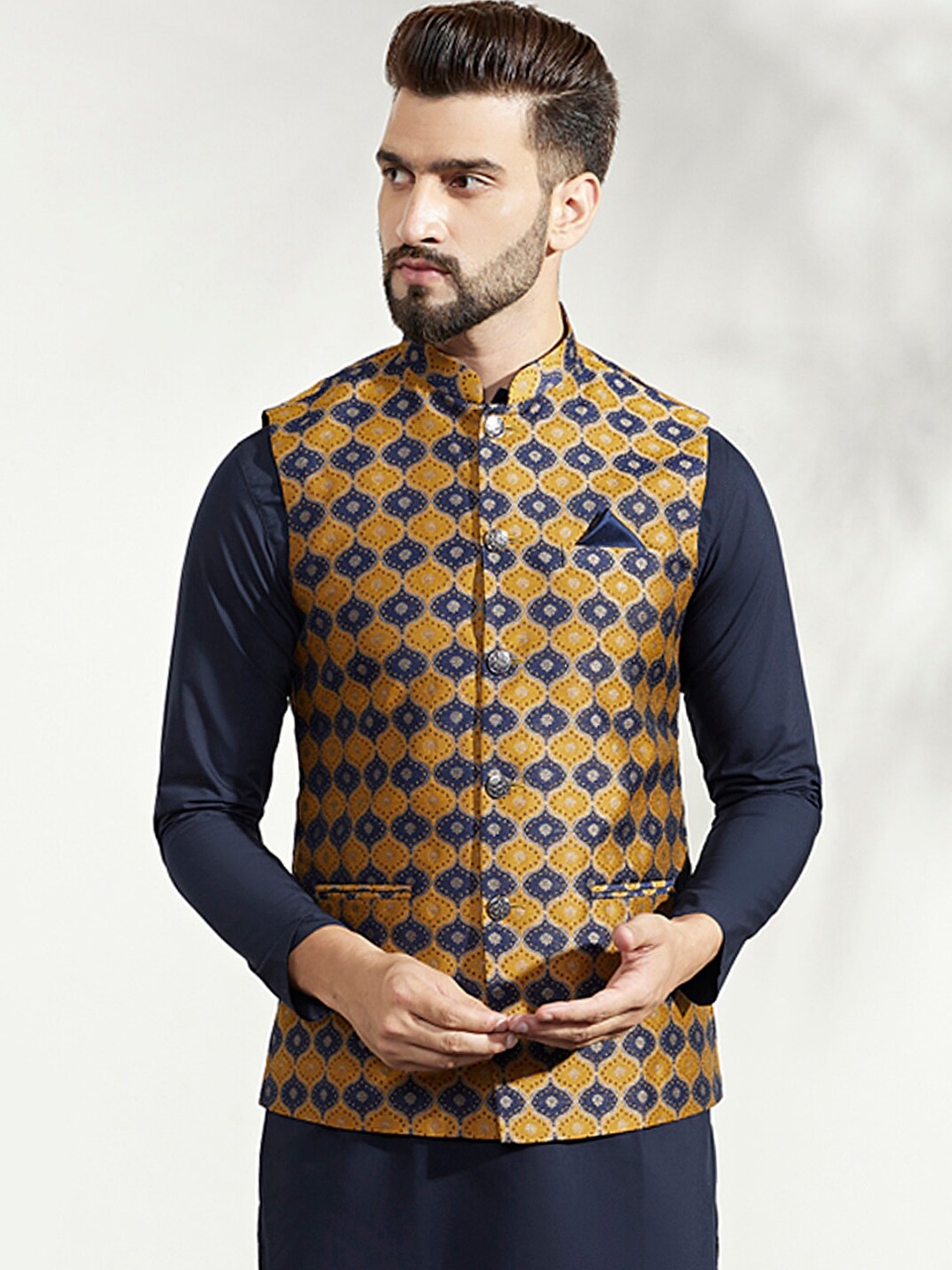 

KISAH Woven Design Nehru Jacket, Mustard