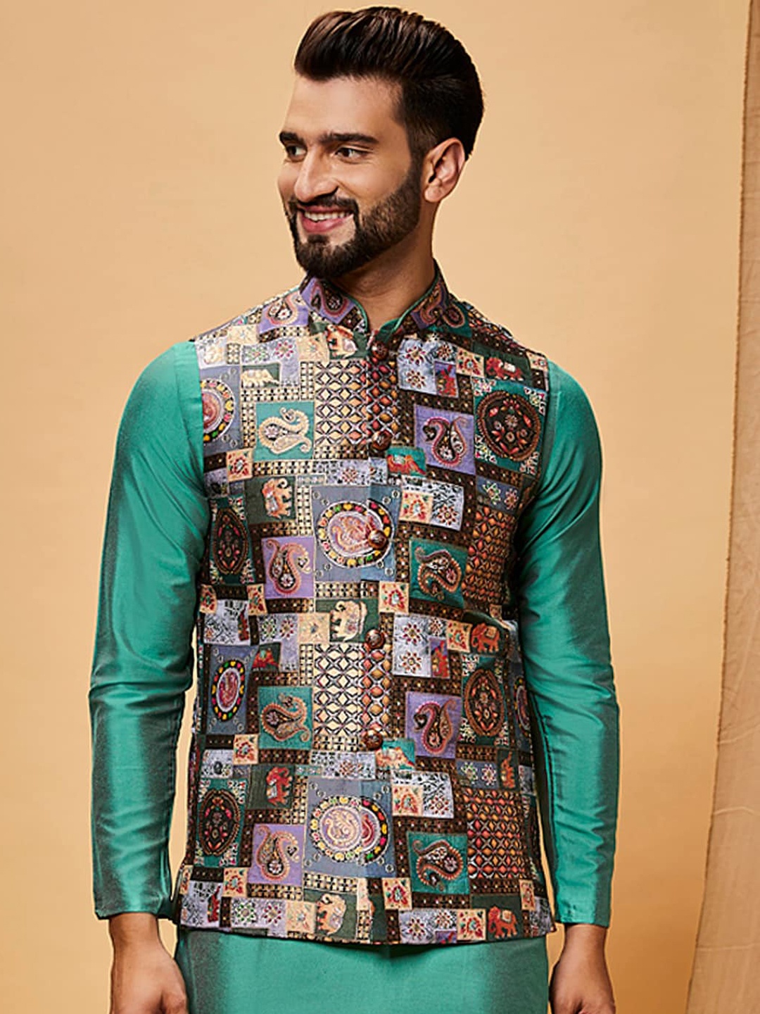 

KISAH Woven Design Nehru Jacket, Green