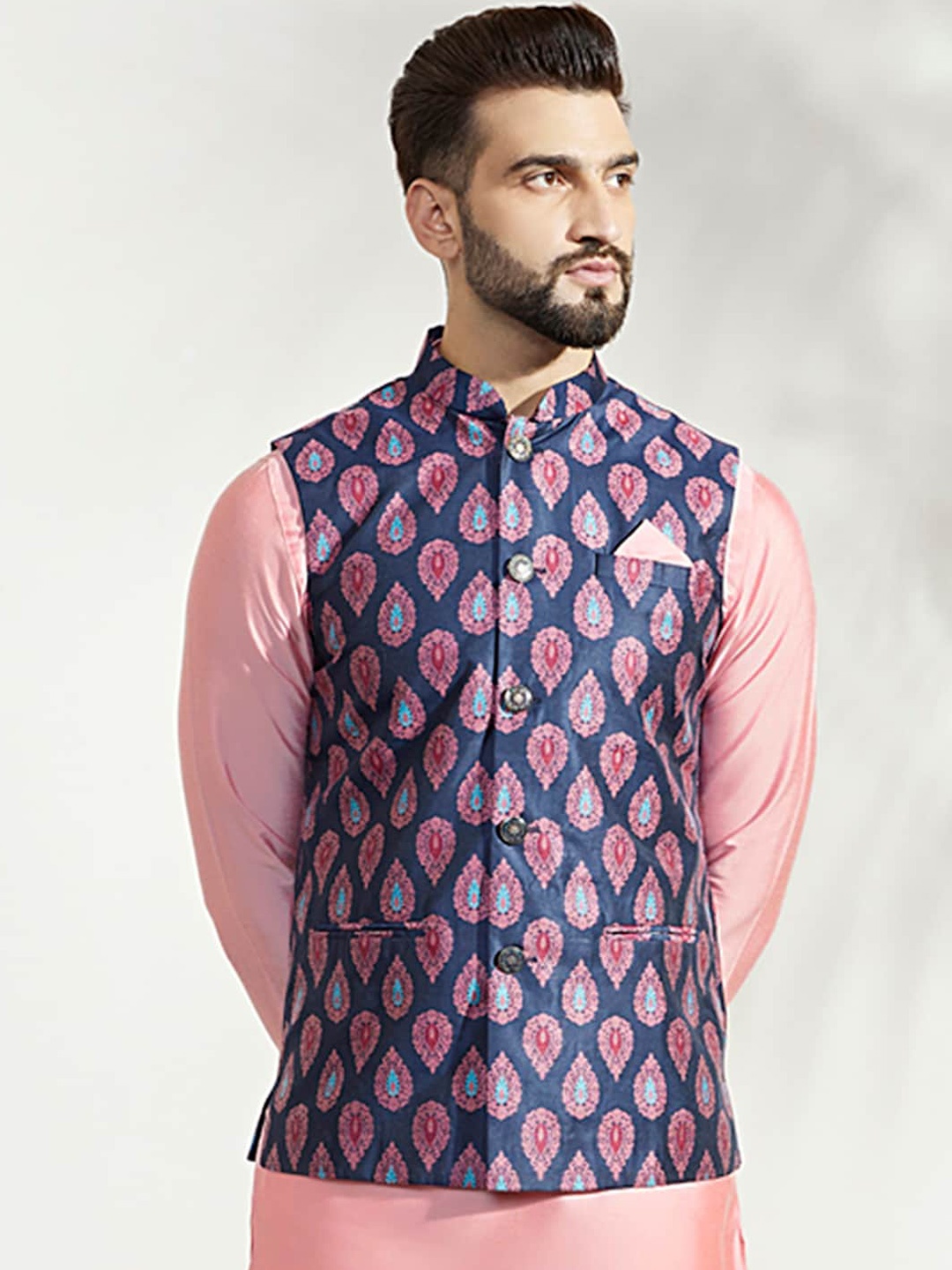 

KISAH Woven Design Nehru Jacket, Navy blue