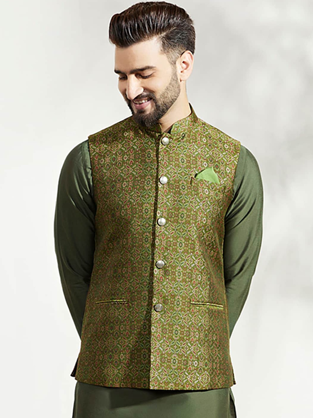 

KISAH Men Woven Jacquard Zari Regular Fit Nehru Jacket, Olive