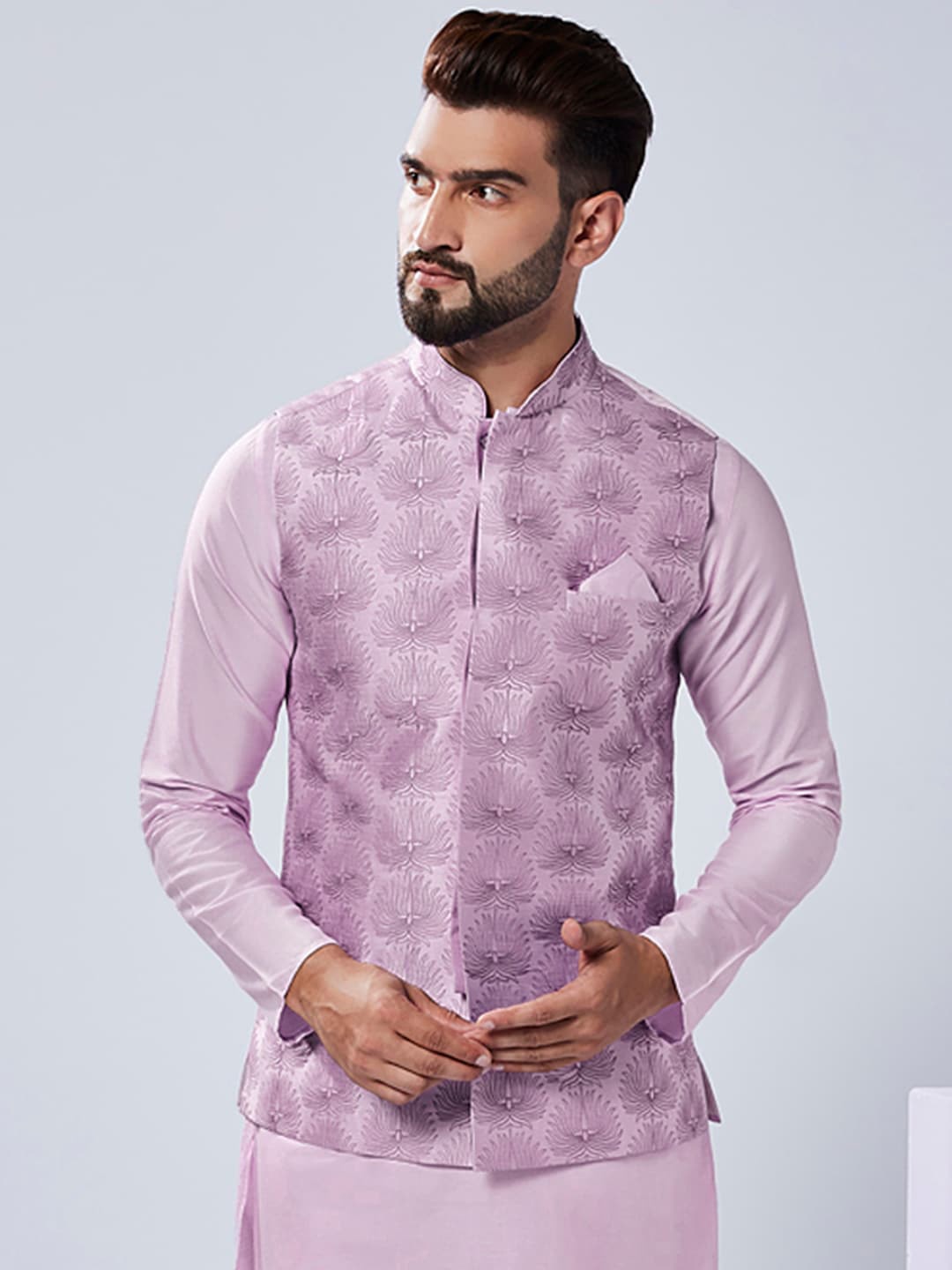 

KISAH Men Embroidered Zari Regular Fit Nehru Jacket, Lavender