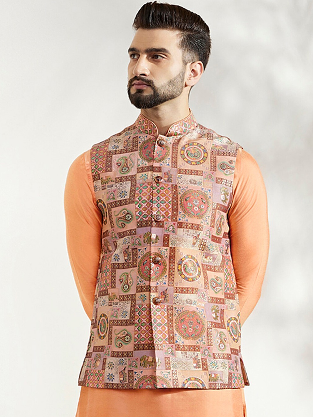 

KISAH Woven Design Nehru Jacket, Coral