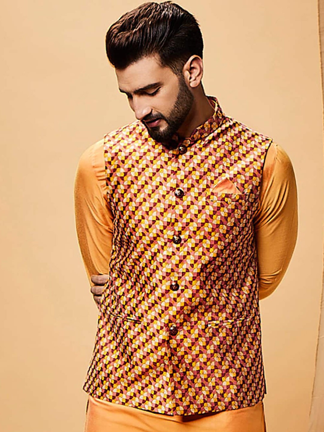 

KISAH Geometric Woven Design Nehru Jacket, Yellow