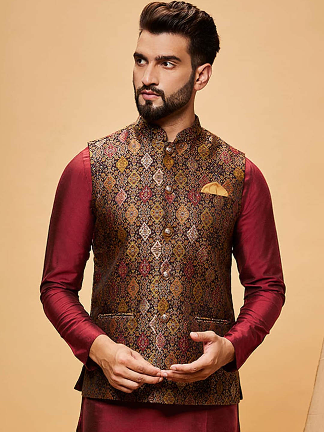 

KISAH Jacquard Woven Design Nehru Jacket, Black
