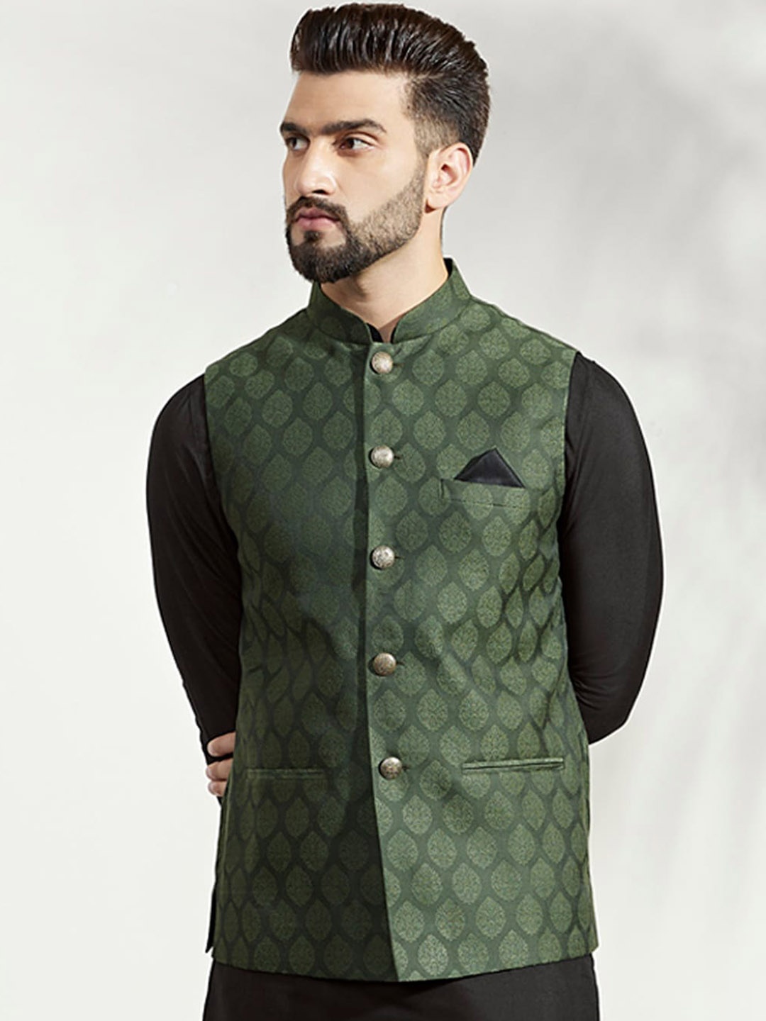 

KISAH Men Woven Jacquard Zari Regular Fit Nehru Jacket, Olive