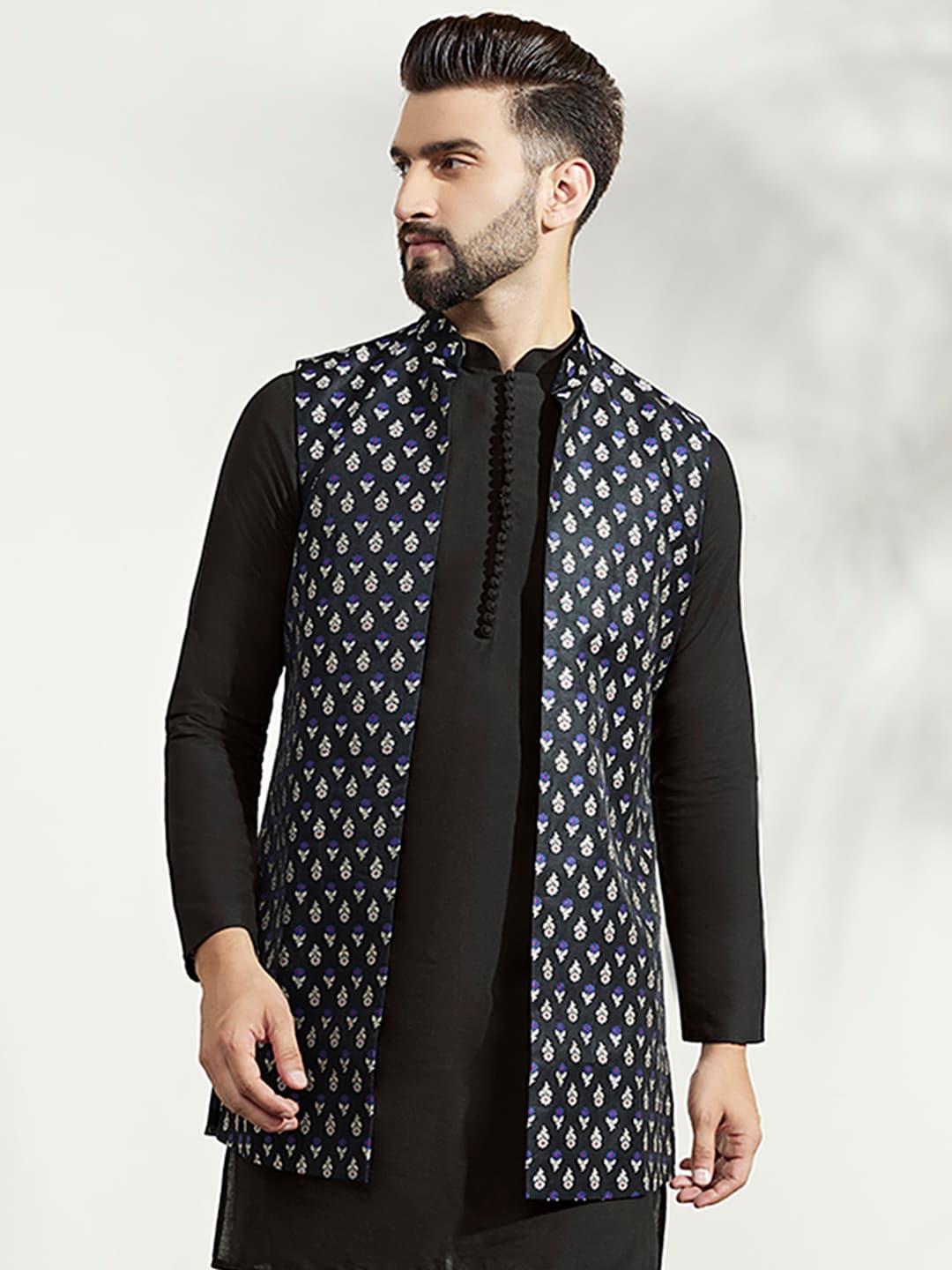 

KISAH Floral Woven Design Nehru Jacket, Black