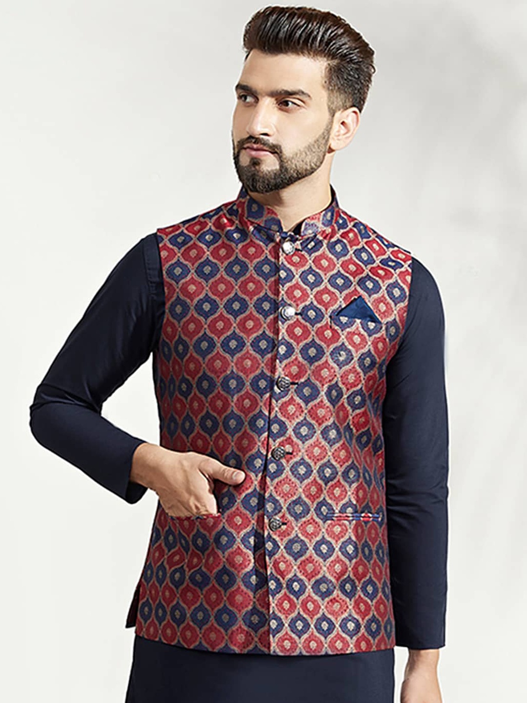

KISAH Woven Design Nehru Jacket With Pocket Square, Maroon
