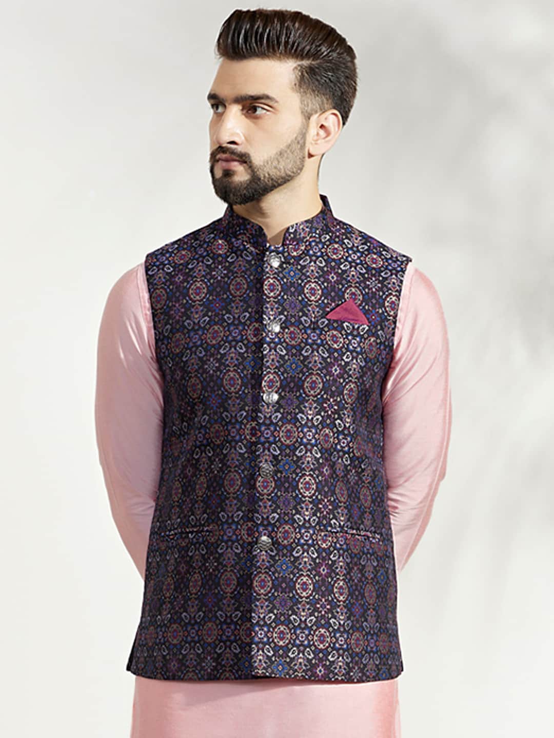 

KISAH Woven Design Nehru Jacket, Black