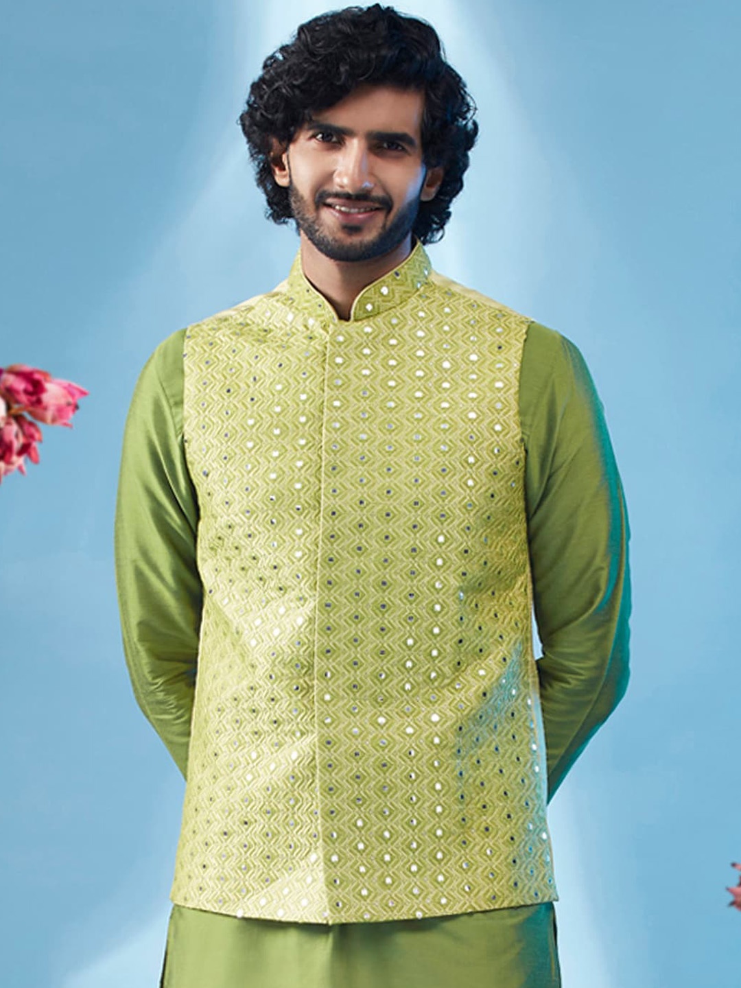 

KISAH Woven Design Art Silk Nehru Jacket, Green