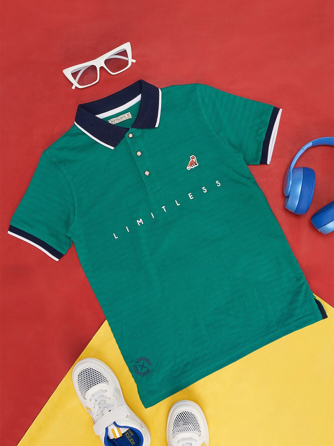 

Pantaloons Junior Boys Typography Printed Polo Collar Cotton T-Shirt, Green