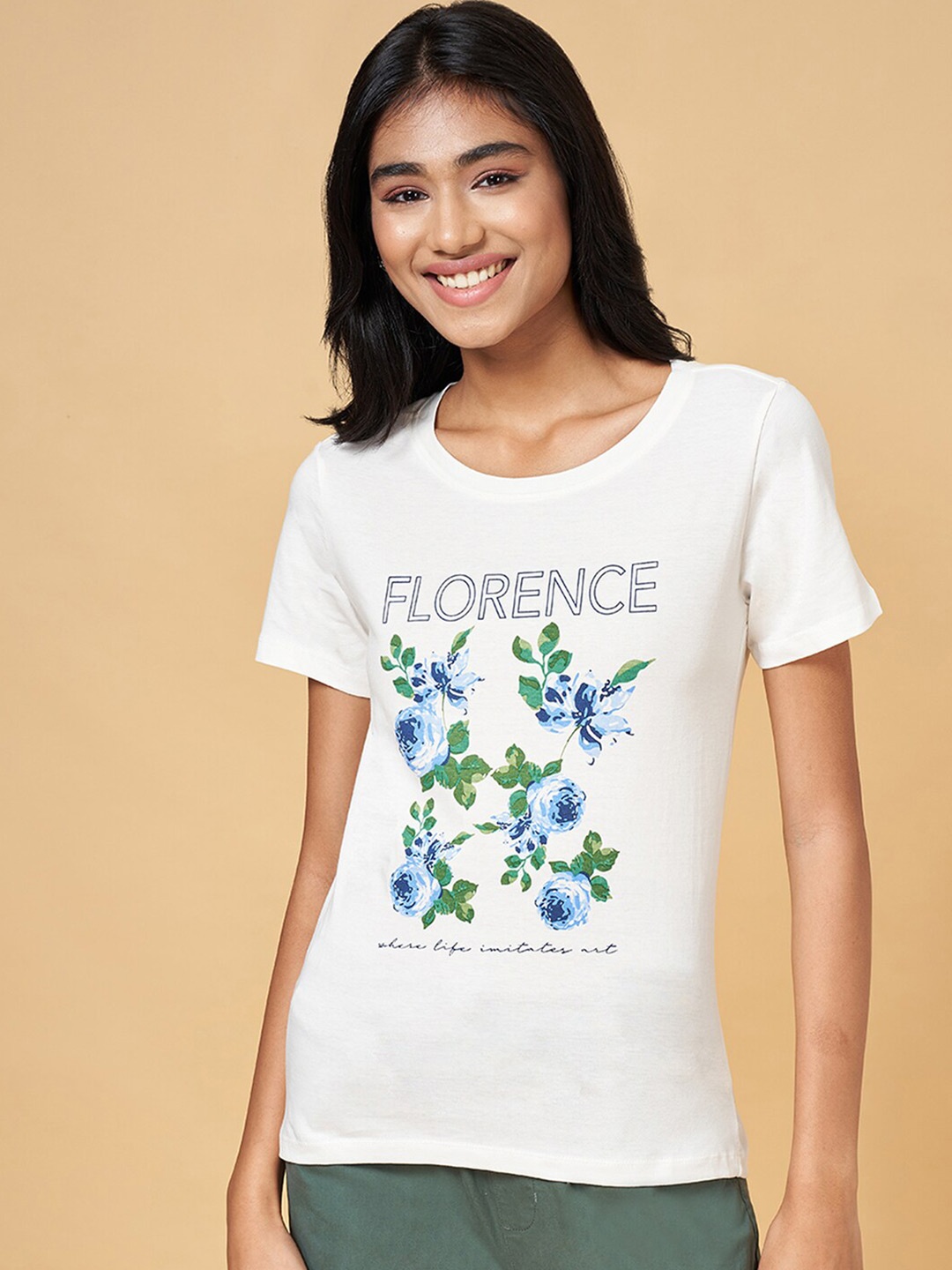 

Honey by Pantaloons Floral Printed Cotton T-shirt, Off white