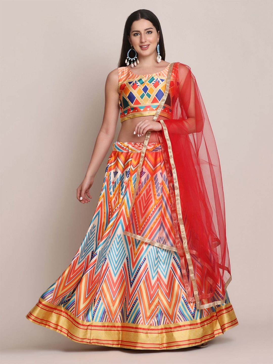 

KALINI Geometric Printed Semi-Stitched Lehenga & Unstitched Blouse With Dupatta, Orange