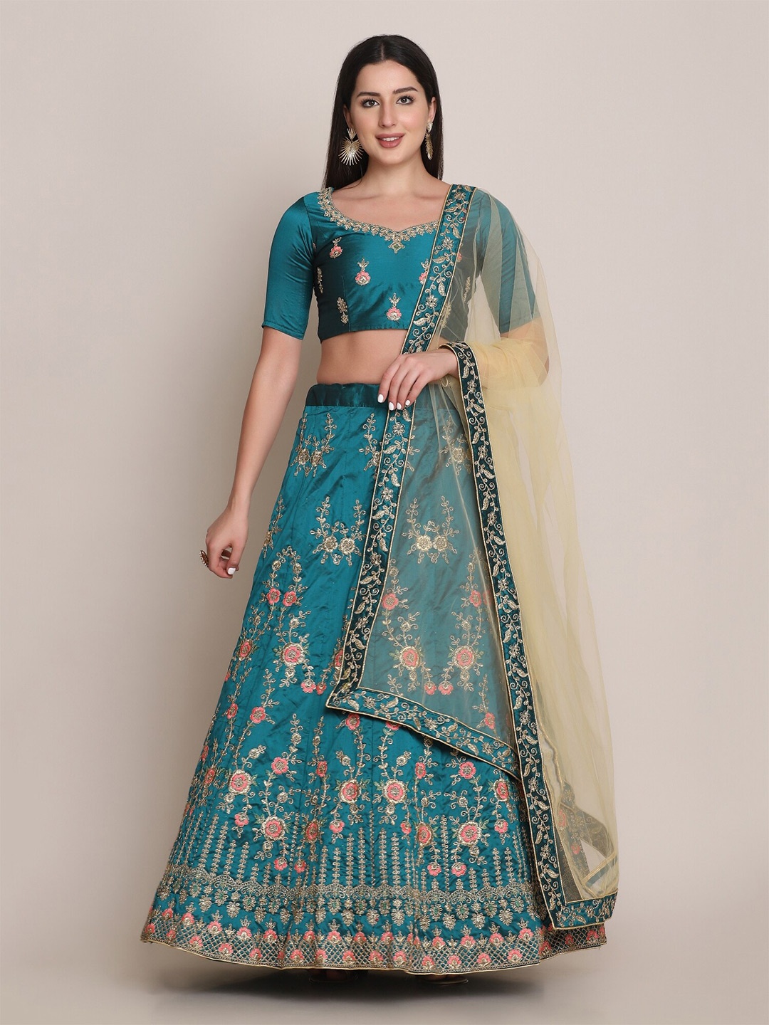 

KALINI Embroidered Thread Work Semi-Stitched Lehenga & Unstitched Blouse With Dupatta, Sea green