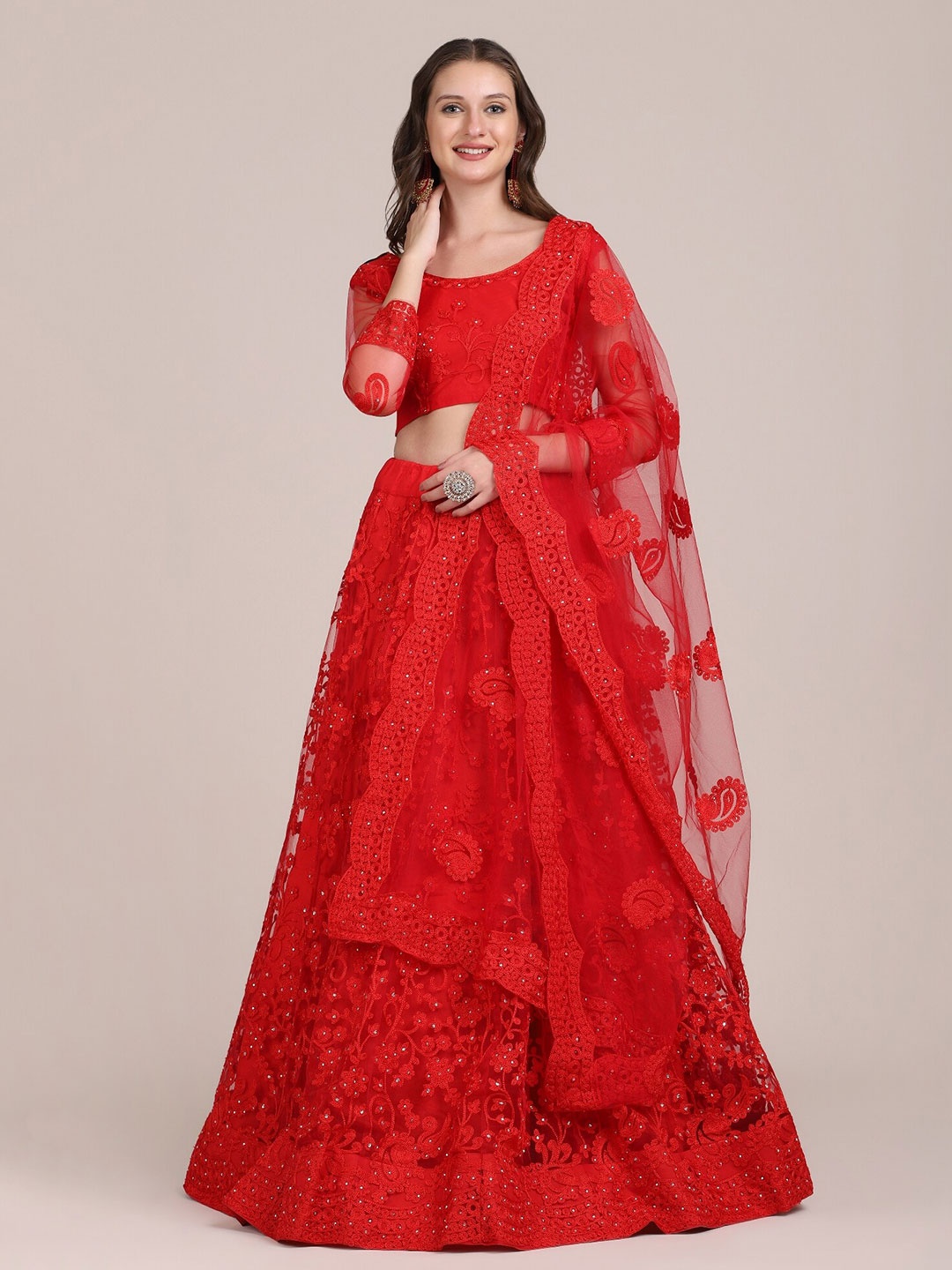 

KALINI Embroidered Thread Work Semi-Stitched Lehenga & Unstitched Blouse With Dupatta, Red