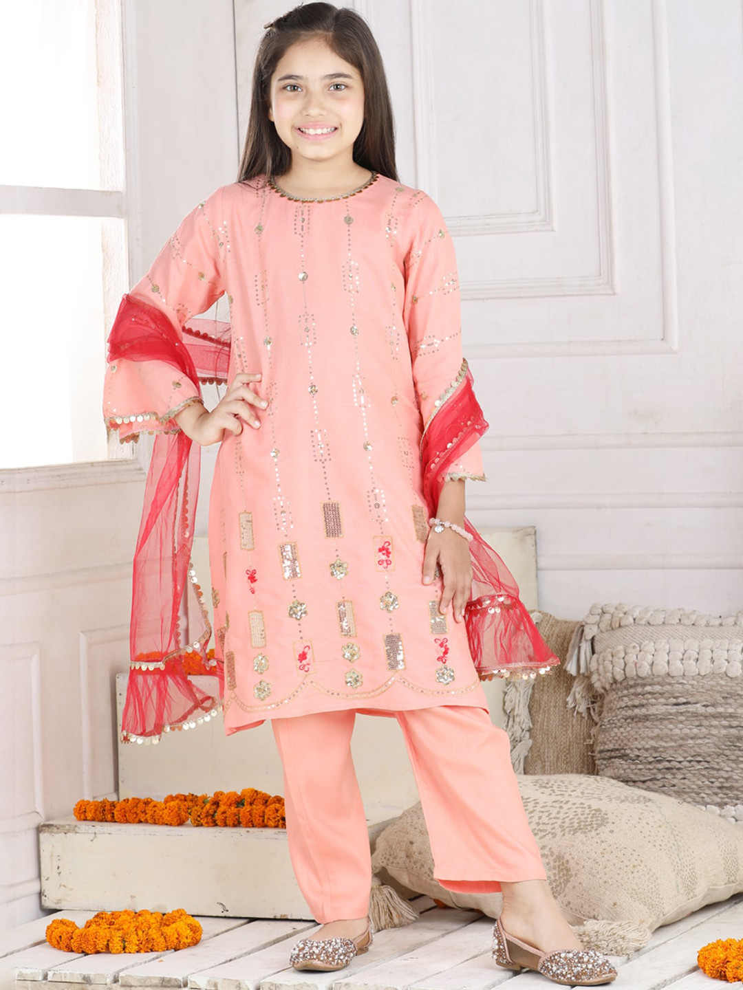 

Cutiekins Girls Embroidered Regular Sequinned Kurta With Palazzos & Dupatta, Peach