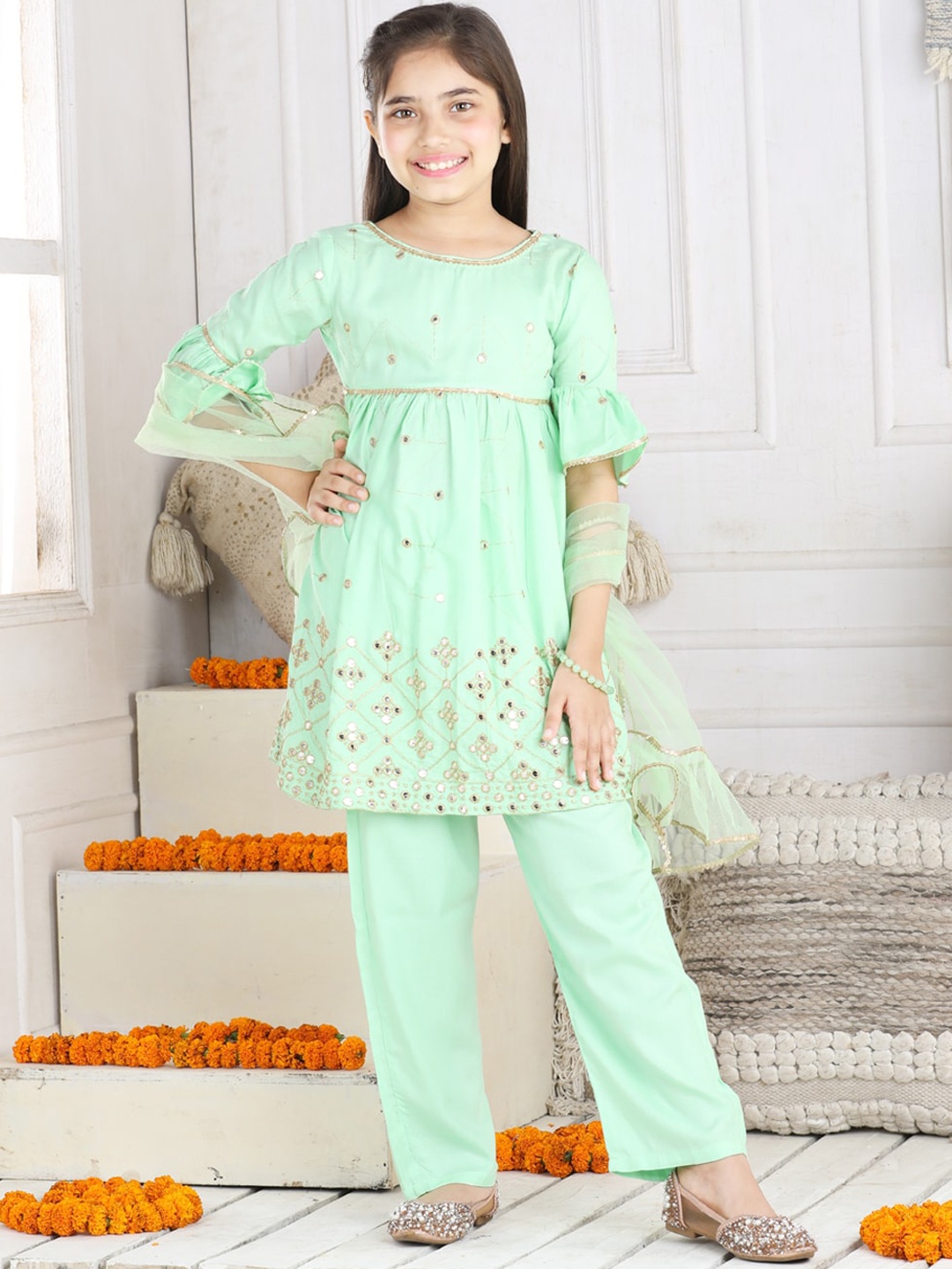 

Cutiekins Girls Embroidered Empire Mirror Work Kurta With Trousers & Dupatta, Green