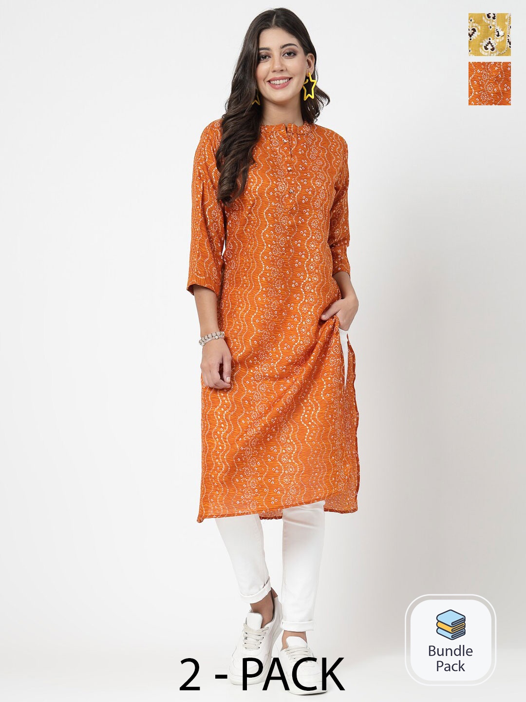 

KALINI Selection Of 2 Bandhani Printed Straight Kurtas, Orange