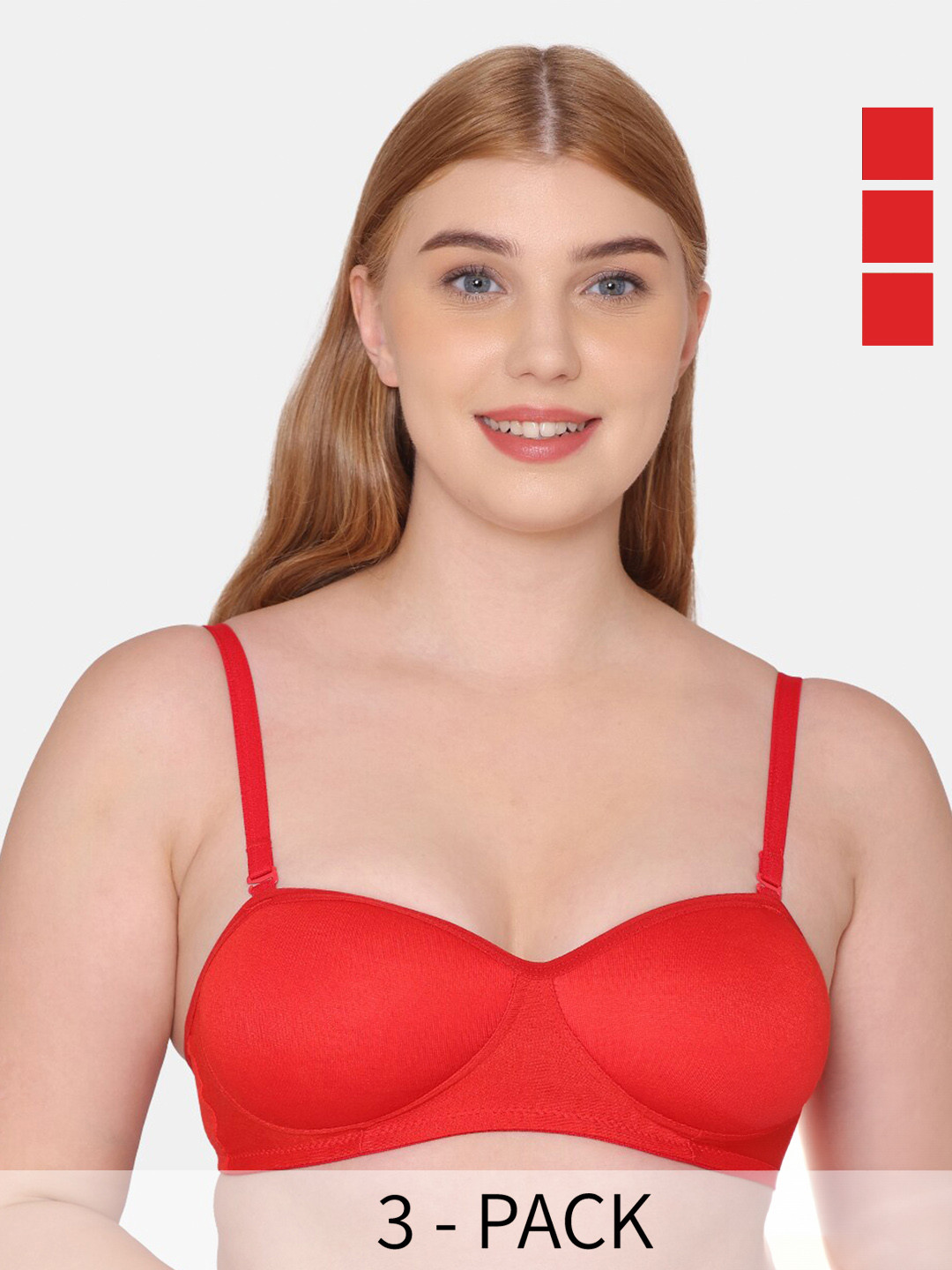 

KOMLI Pack Of 3 Half Coverage All Day Comfort Super Support Balconette Bra, Red