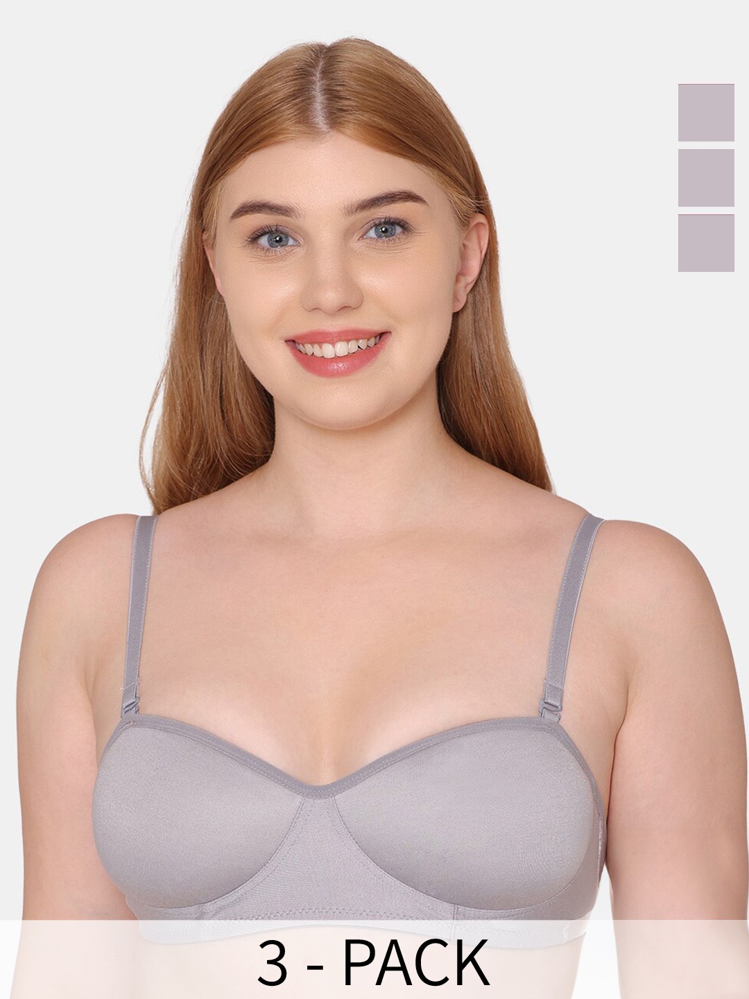 

KOMLI Pack of 3 Non Padded Cotton Balconette Bras With All Day Comfort, Grey