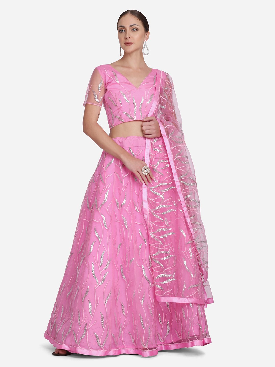 

KALINI Embroidered Thread Work Semi-Stitched Lehenga & Unstitched Blouse With Dupatta, Pink