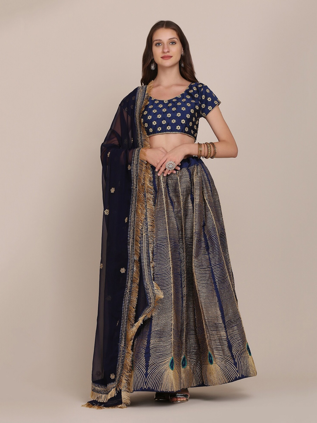 

KALINI Embroidered Thread Work Semi-Stitched Lehenga & Unstitched Blouse With Dupatta, Blue