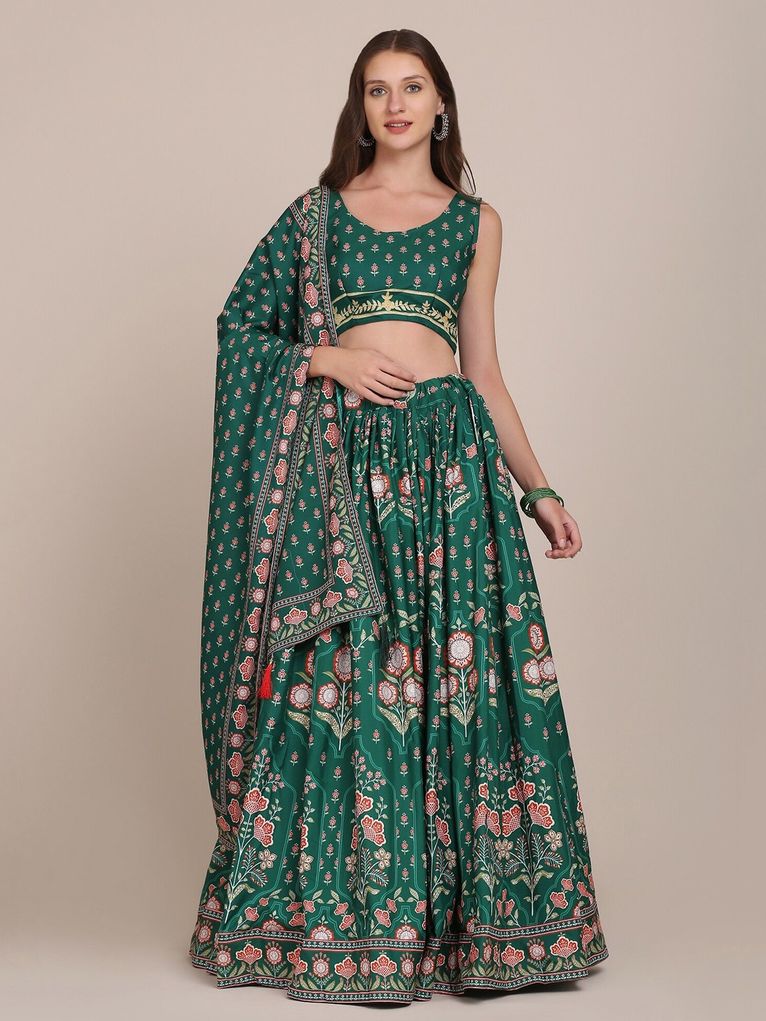 

KALINI Ethnic Motifs Printed Semi-Stitched Lehenga & Unstitched Blouse With Dupatta, Green