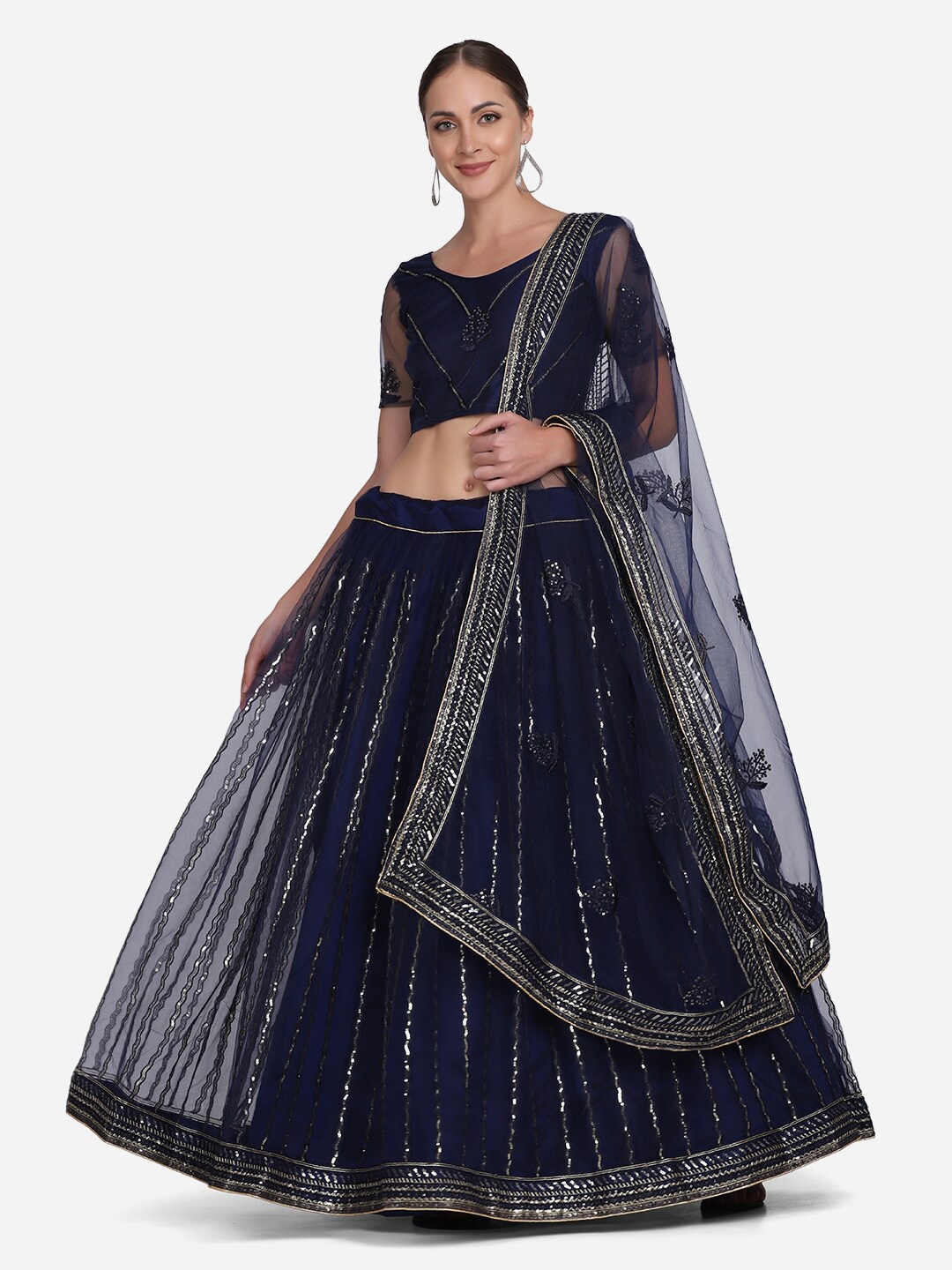 

KALINI Embroidered Sequinned Semi-Stitched Lehenga & Unstitched Blouse With Dupatta, Navy blue