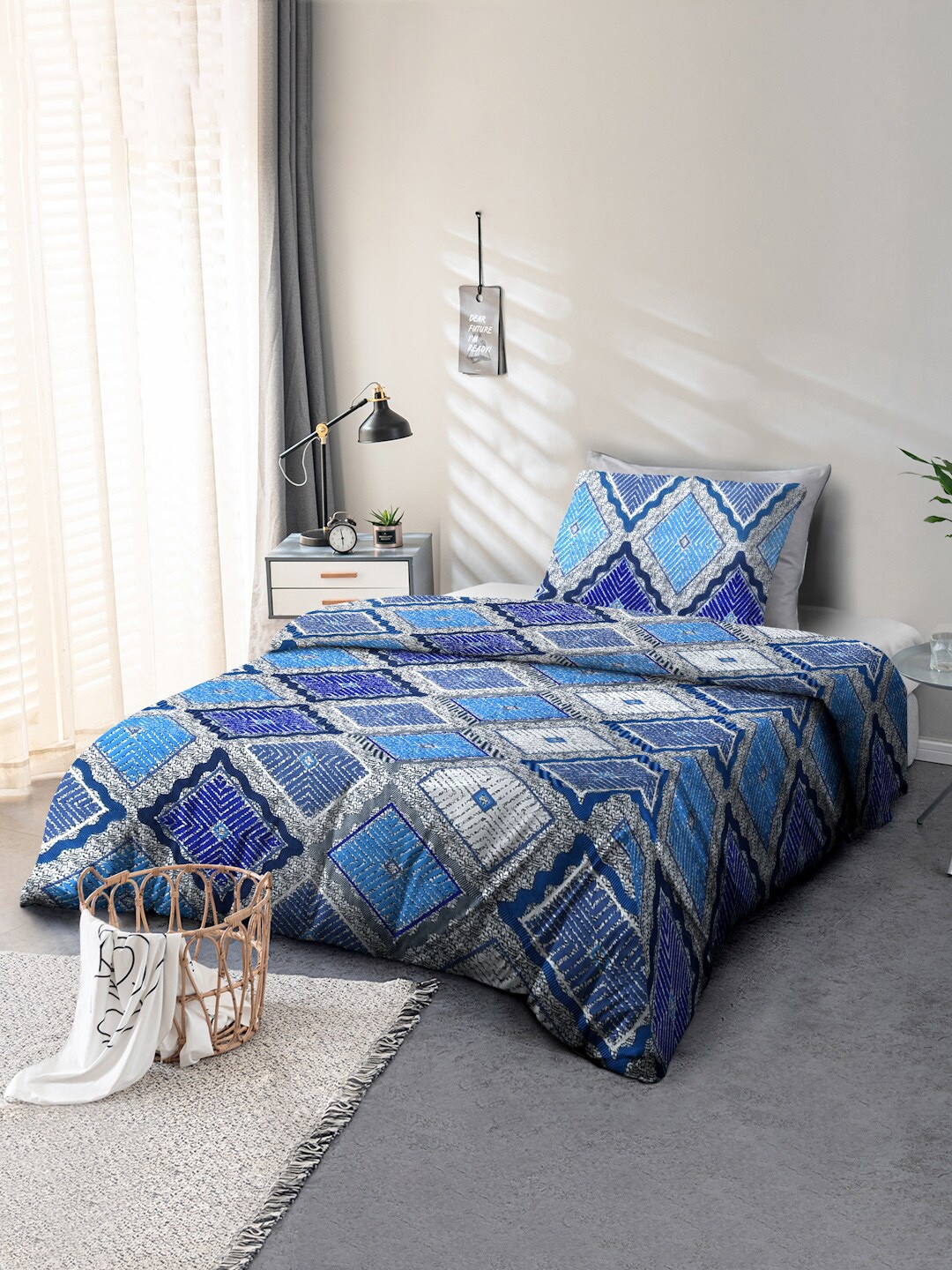 Cortina Teal & White Ethnic Motifs 110 TC Single Bedsheet with 1 Pillow Cover