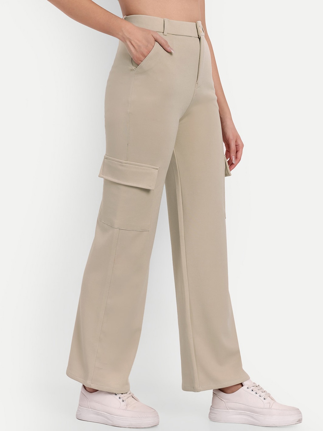 

BROADSTAR Women Smart Straight Fit High-Rise Easy Wash Cargos, Cream