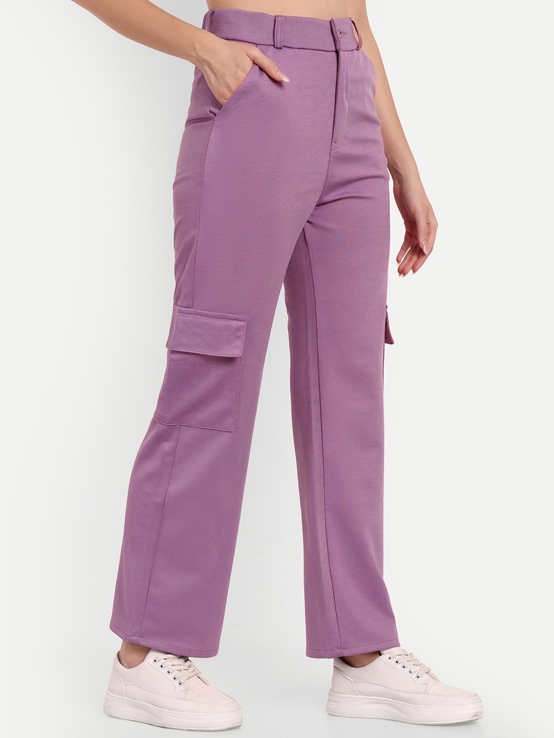 

BROADSTAR Women Smart Straight Fit High Rise Easy Wash Cargo Trousers, Violet