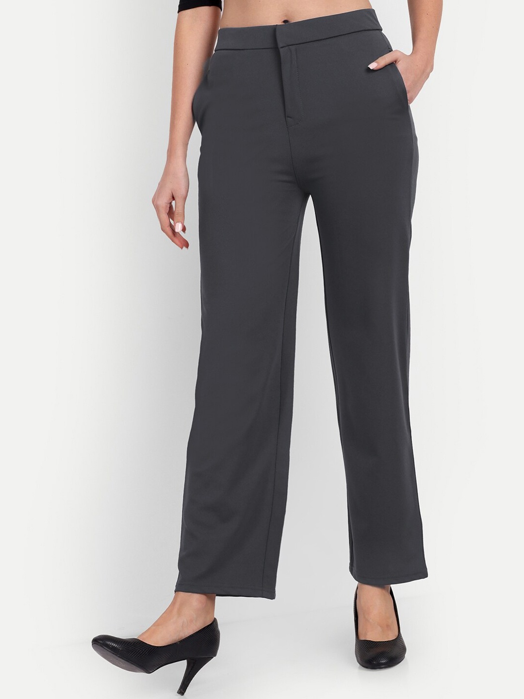 

BROADSTAR Women Smart Straight Fit High-Rise Easy Wash Cotton Parallel Trousers, Grey