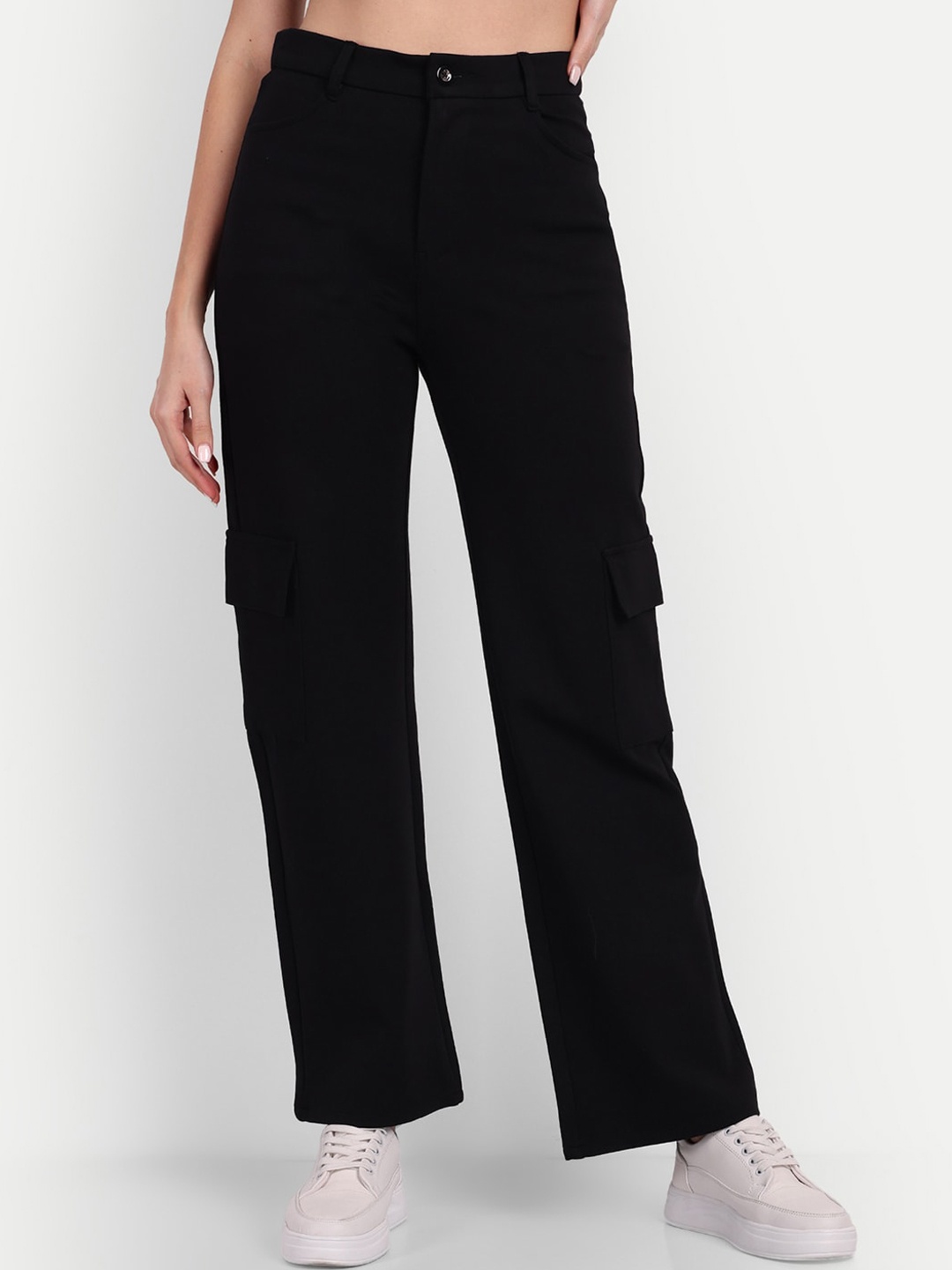 

BROADSTAR Women Smart High-Rise Easy Wash Cargos Trousers, Black