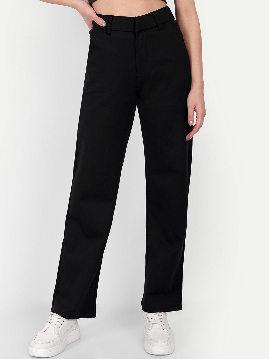 

BROADSTAR Women Smart Loose Fit High-Rise Easy Wash Trousers, Black